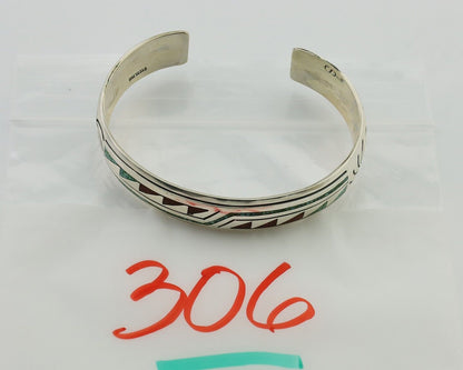 Navajo Inlay Bracelet 925 Silver Turquoise & Coral Signed Stanely Bain C.80's
