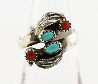 Navajo Adjustable Ring 925 Silver Turquiose & Coral Native Artist C.80's