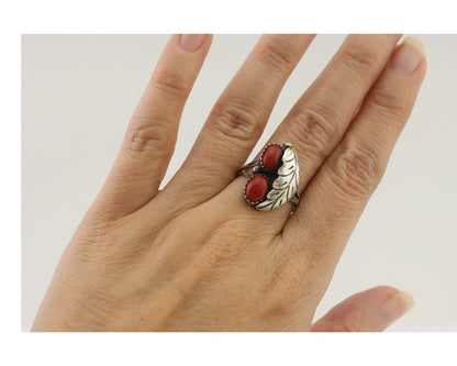 Navajo Handmade Ring 925 Silver Natural Mediterranean Coral Signed 88 C.80's