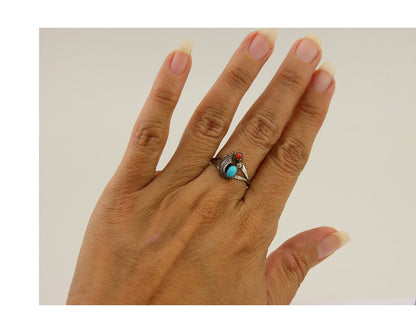 Navajo Handmade Ring 925 Silver Turquoise & Coral Native Artist C.80's