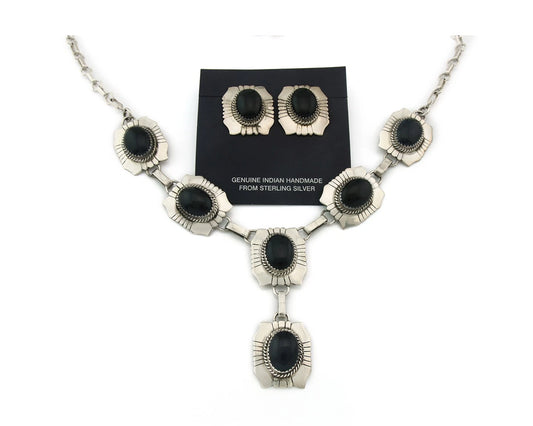 Navajo Necklace Earring Set Sterling Silver Onyx Vintage Signed Begay