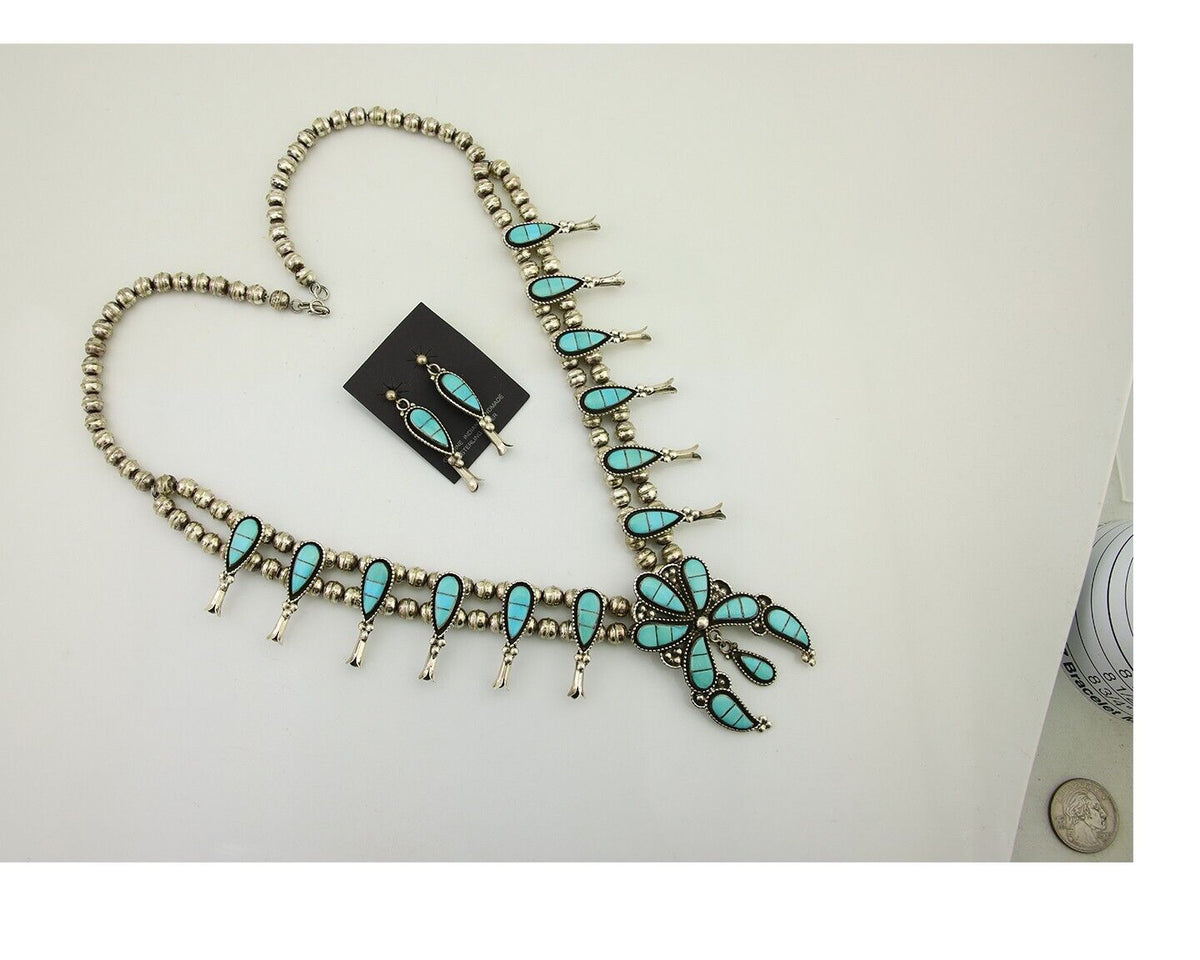 Zuni Squash Necklace 925 Silver Earring Set Turquiose Handmade Signed SM C.80's