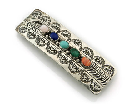 Navajo Barrette Sterling Silver Gemstones Hand Stamped Vintage Native Artist