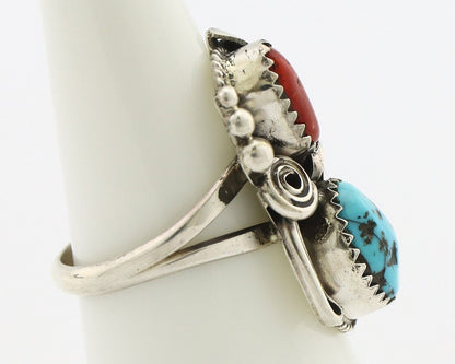 Navajo Ring .925 Silver Turquoise & Coral Artist Signed Justin Morris C.80's