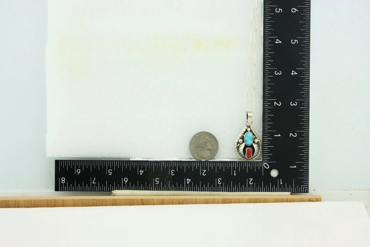 Navajo Necklace 925 Sterling Silver Natural Turquoise & Coral Signed Teepee
