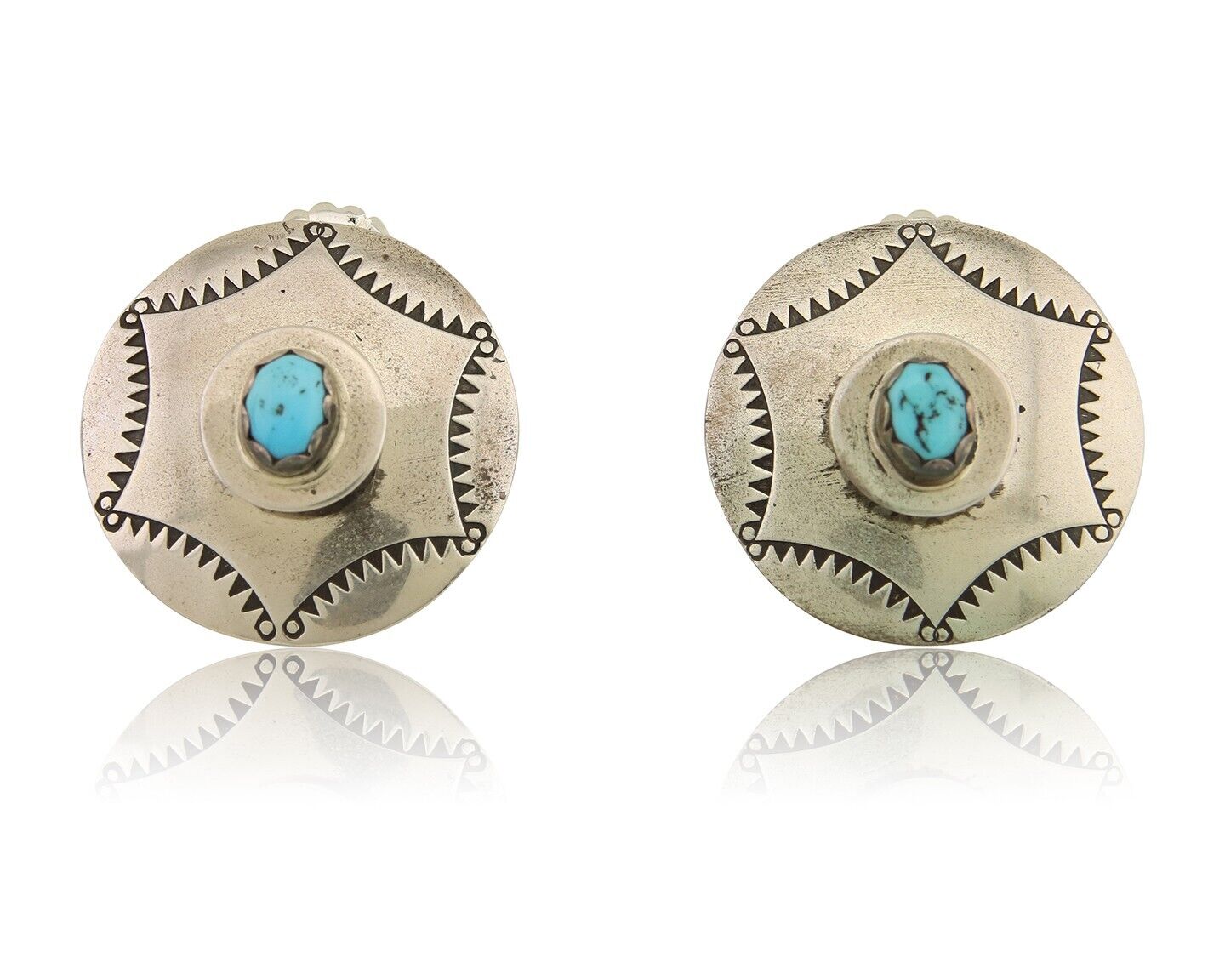 Navajo Hand Stamped Earrings 925 Silver Natural Turquoise Native Artist C.80's