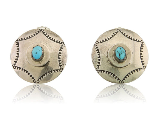 Navajo Hand Stamped Earrings 925 Silver Natural Turquoise Native Artist C.80's