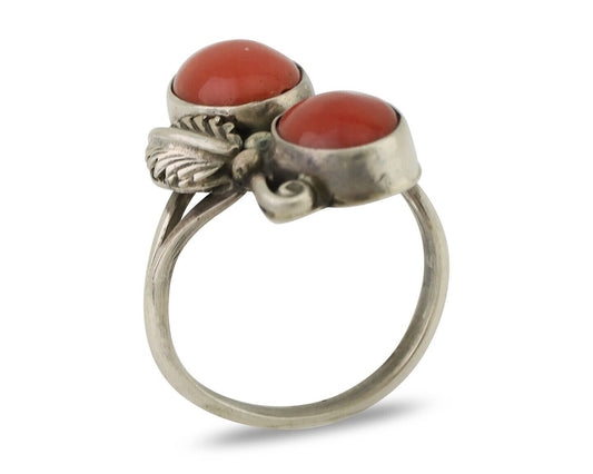 Navajo Ring 925 Silver Natural Mediterranean Coral Artist Signed A C.80's
