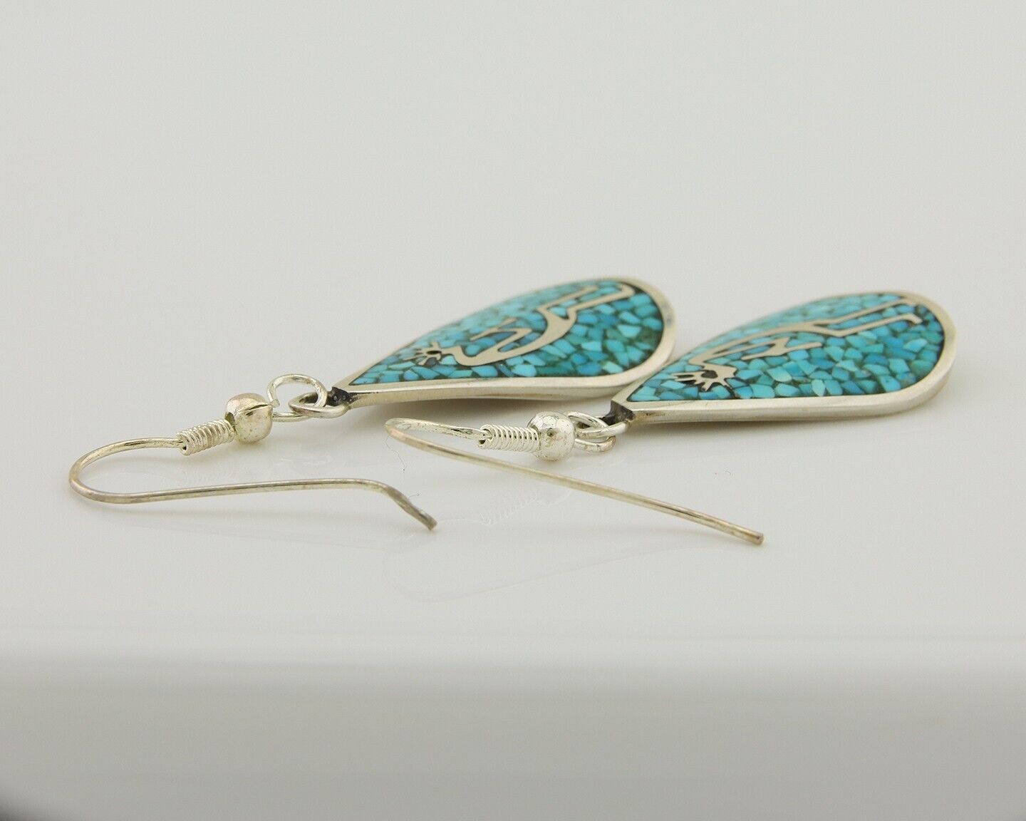 Navajo Kokopelli Earrings 999 Nickel Chip Inlay Turquoise Coral Native American