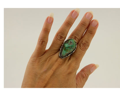 Navajo Ring 925 Sterling Silver Green Manassas Turquoise Signed AA C.80's