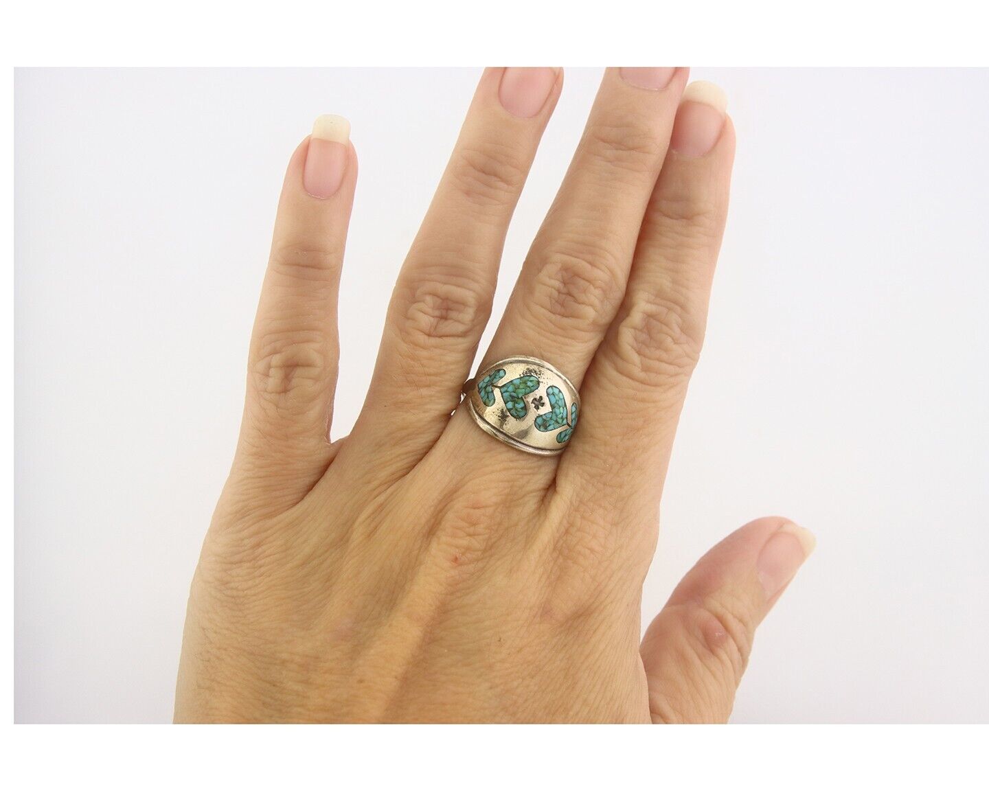 Navajo Ring 925 Sterling Natural Chip Inlay Turquoise C.80's Size 6.5