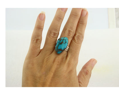 Navajo Ring 925 Sterling Blue Nevada Turquoise Native Artist C.80's