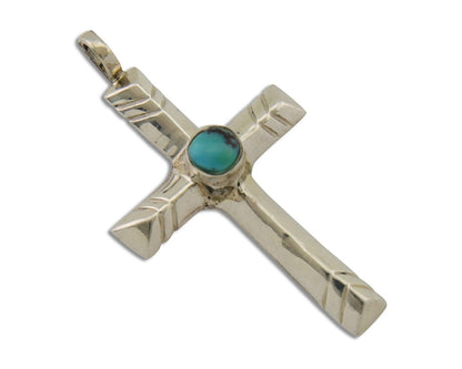 Navajo Sand Cast Cross Pendant 925 Silver Turquoise Artist Signed J Yazzie C.80s