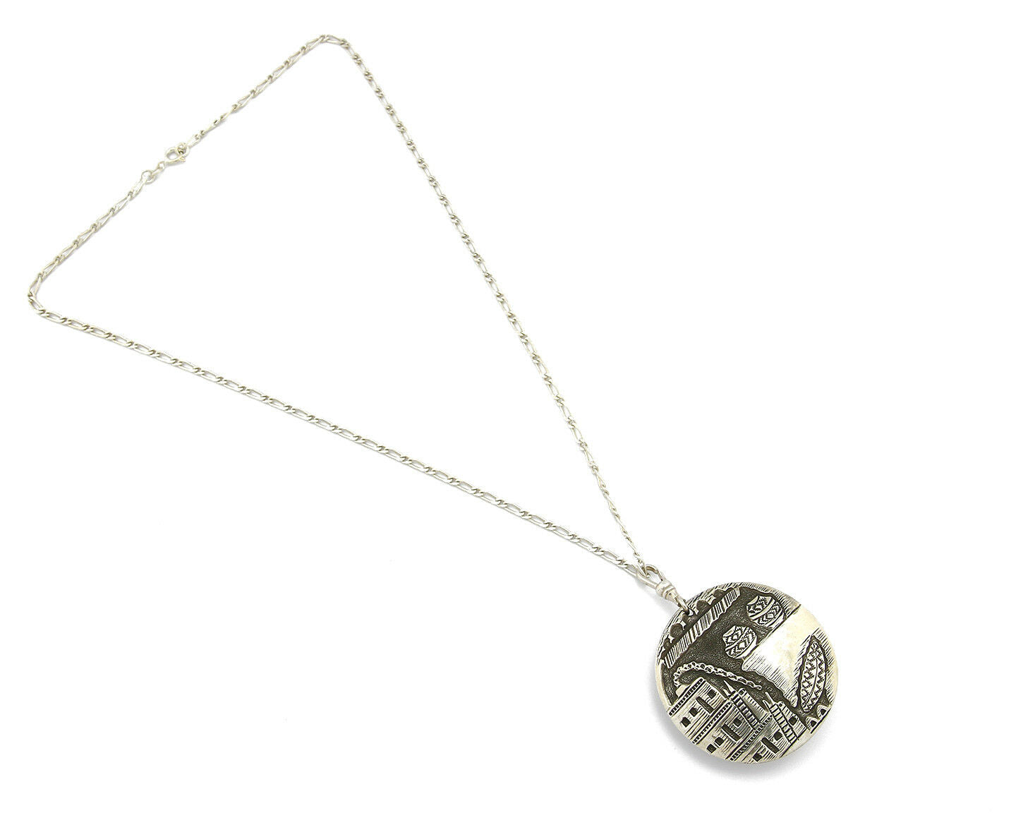 Unique Navajo Indian Puebla Scene Reversable Turquoise .925 Silver Pendant