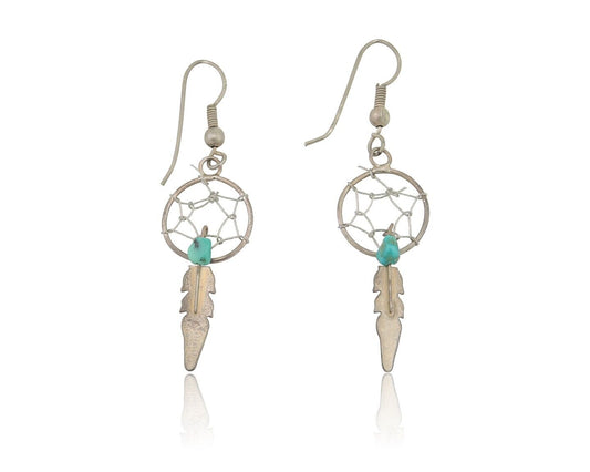 Navajo Dangle Dream Catcher Earrings 925 Silver Blue Turquoise Native Artist C80