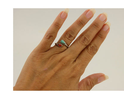 Navajo Handmade Ring 925 Silver Turquoise & Coral Native Artist C.80's