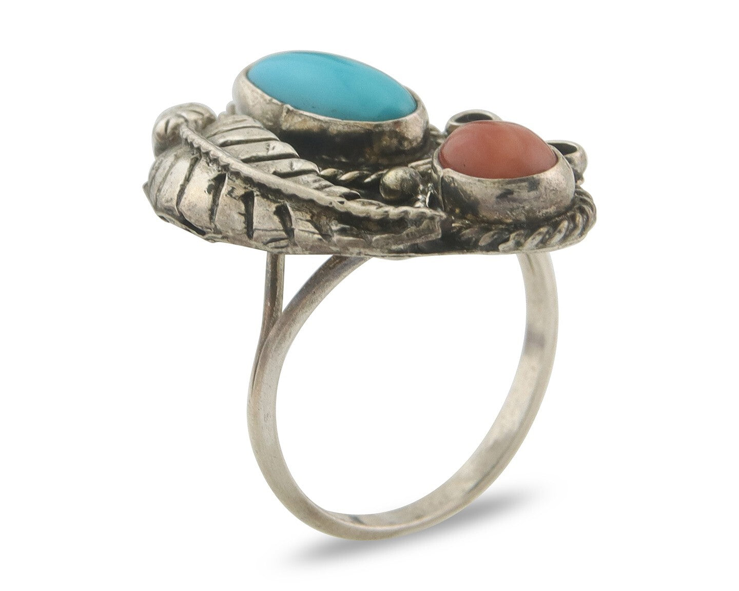 Navajo Ring 925 Sterling Natural Coral & Turquoise Signed EH C.80's Size 7.25