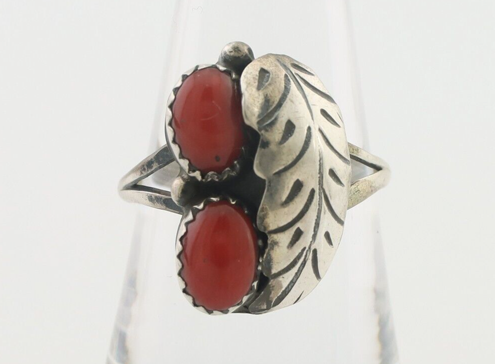Navajo Handmade Ring 925 Silver Natural Mediterranean Coral Signed 88 C.80's