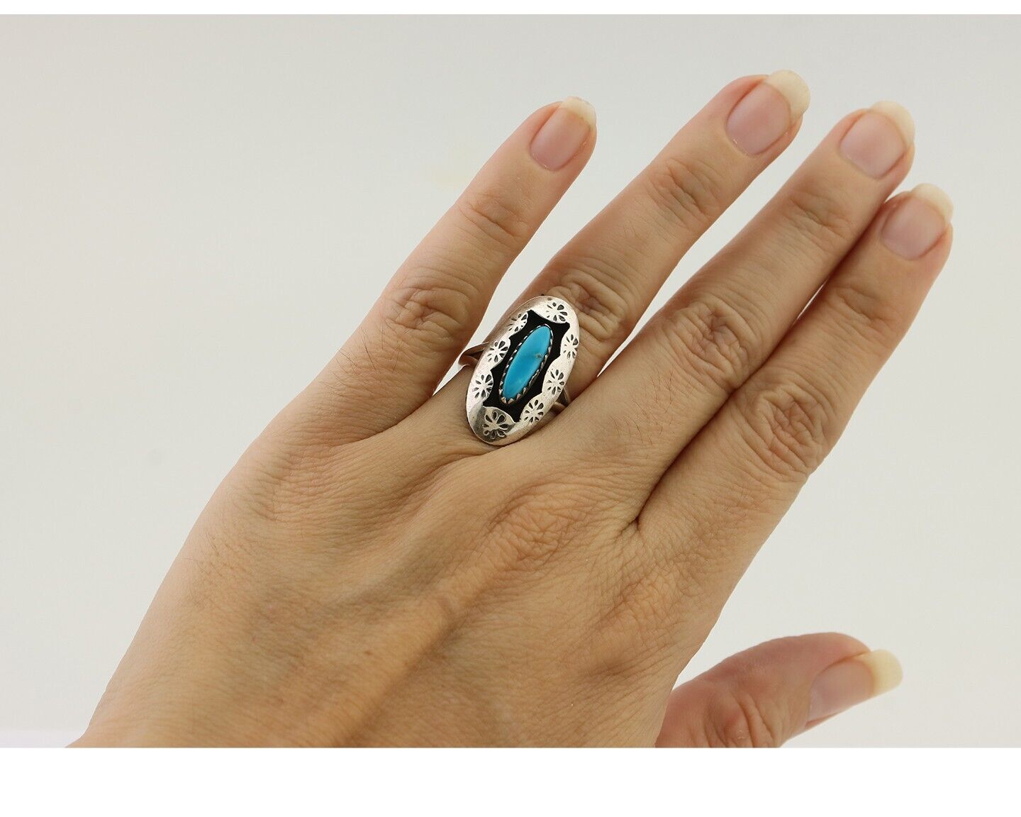 Navajo Ring 925 Silver Natural Blue Turquoise Signed IJC C.80's