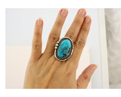 Navajo Ring 925 Sterling Natural Blue Turquoise Signed Ben S C.80's Size 11