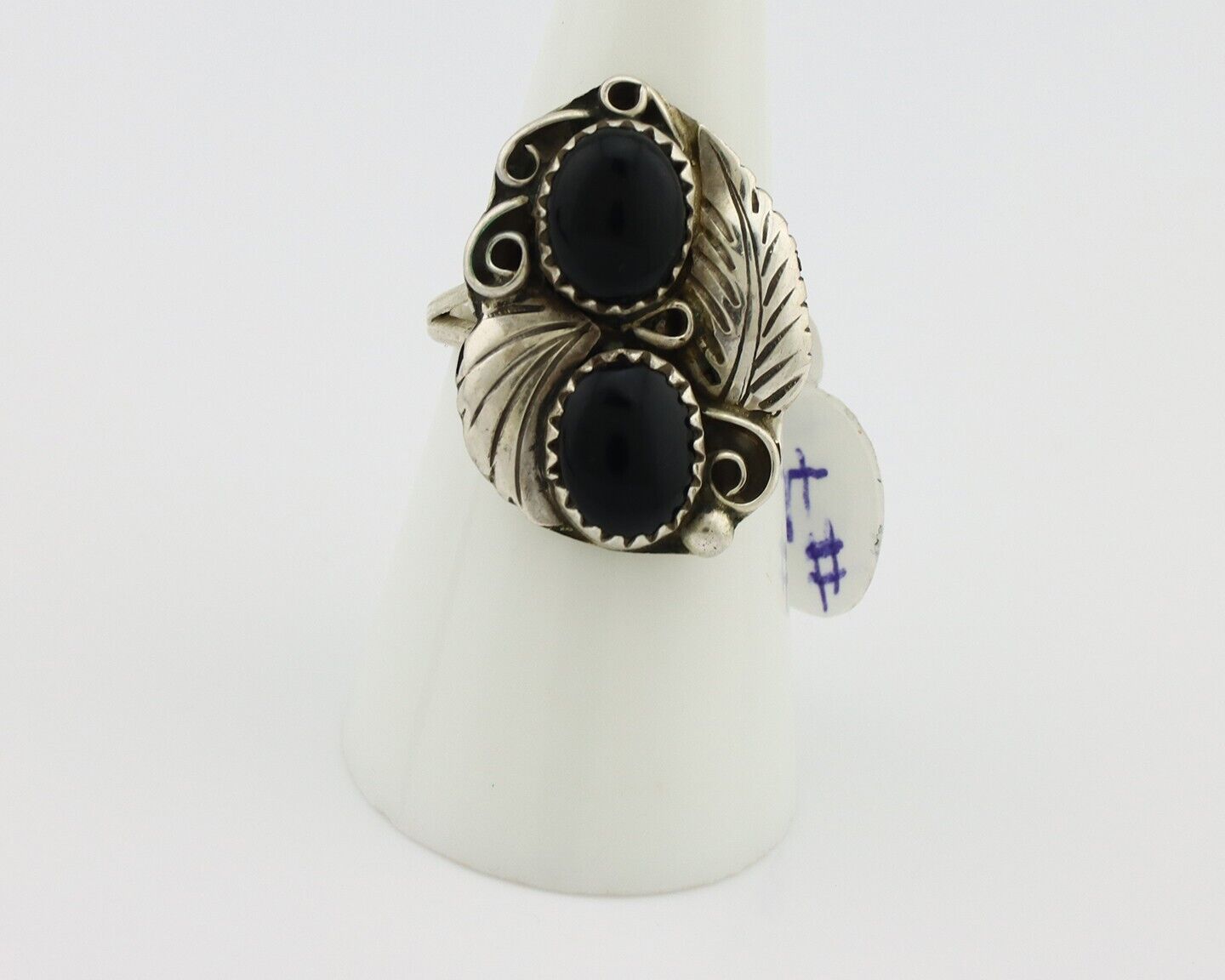 Navajo Ring 925 Silver Onyx Hand Stamped Artist Signed Tom Willeto C.80's