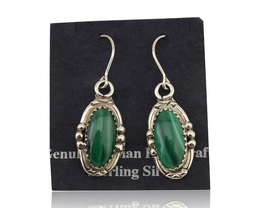 Navajo Earrings 925 Silver Natural Malachite Native American Artist C.80s