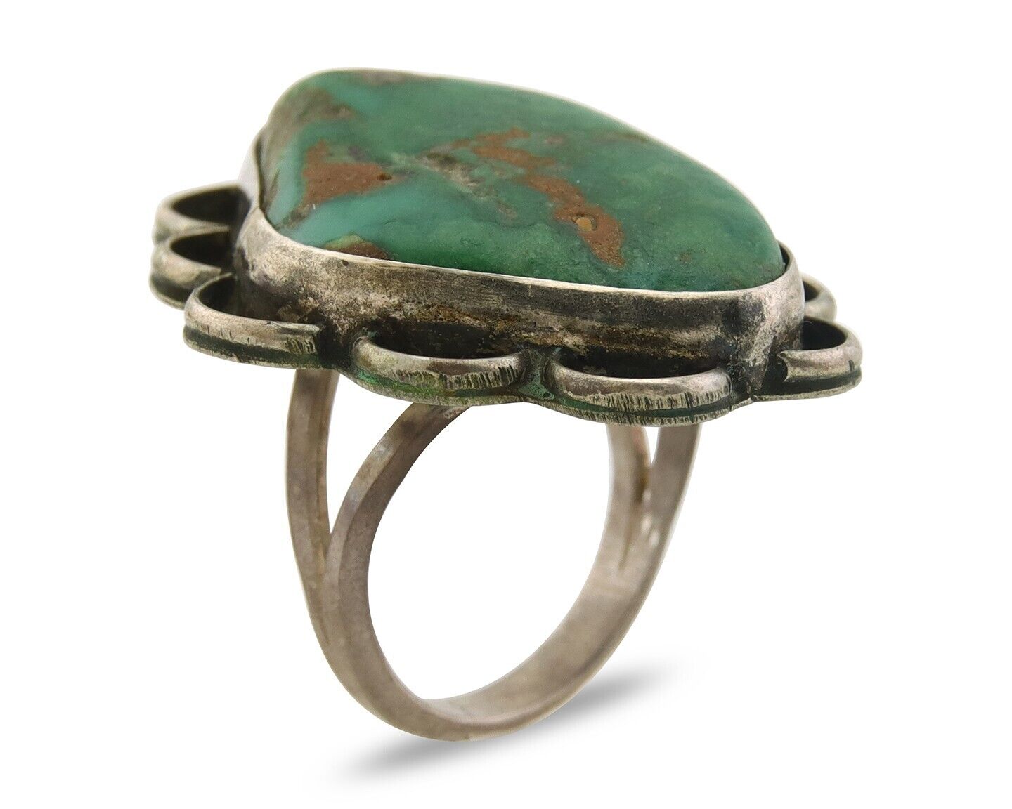 Navajo Ring 925 Sterling Natural Green Turquoise Native Artist C.80's Size 8.25