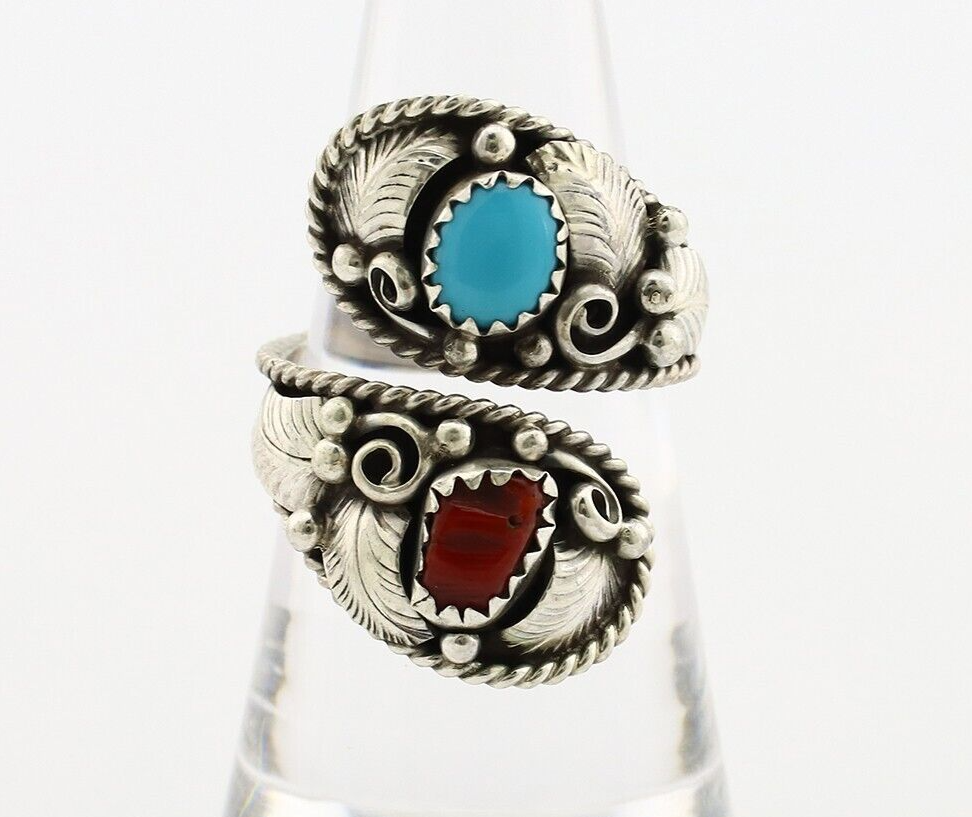 Navajo Adjustable Ring 925 Silver Turquoise & Coral Artist Signed Gecko C.80's