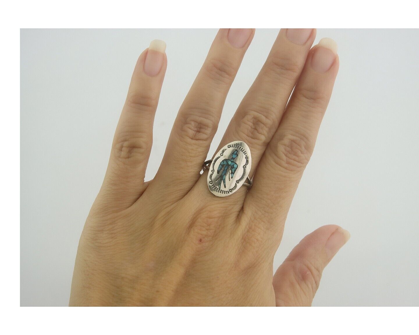 Navajo Ring 925 Sterling Natural Chip Inlay Blue Turquoise C.80's Size 7.75