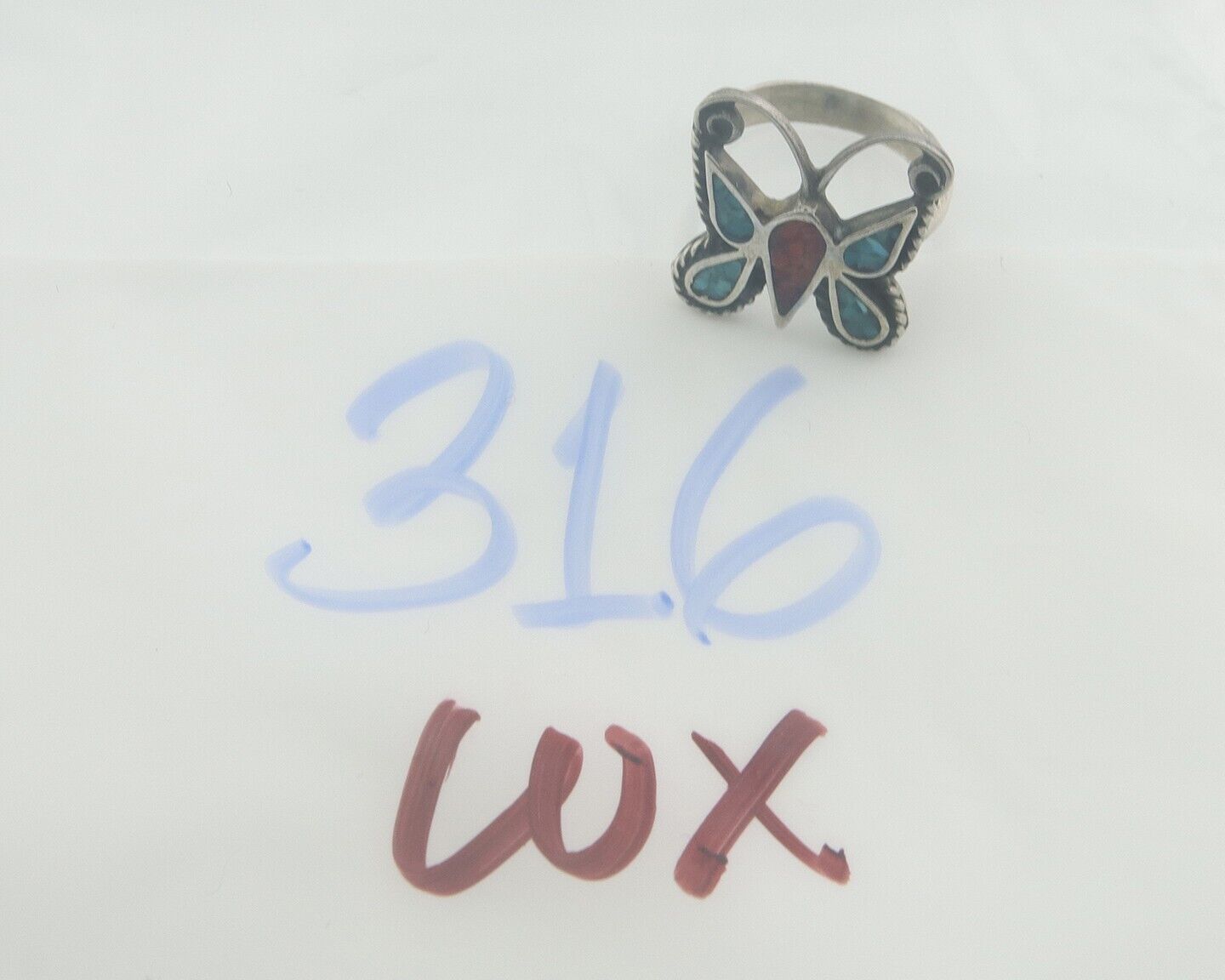 Navajo Ring 925 Silver Inlaid Butterfly Turquoise & Coral C.80's Size 4.5
