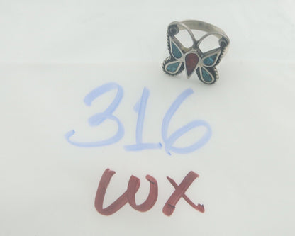 Navajo Ring 925 Silver Inlaid Butterfly Turquoise & Coral C.80's Size 4.5