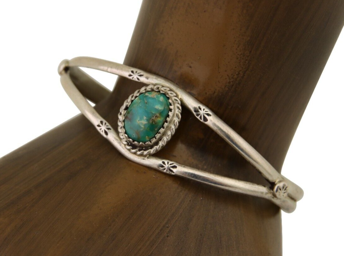 Navajo Hand Stamped Cuff Bracelet Turquoise 925 Silver Native American Artist