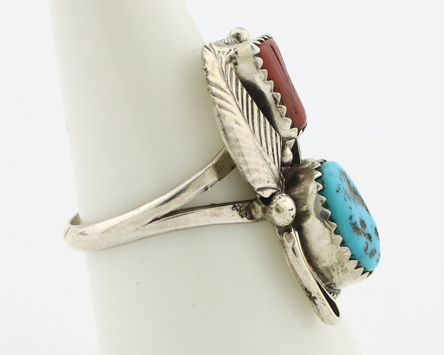 Navajo Ring .925 Silver Turquoise & Coral Artist Signed Justin Morris C.80's
