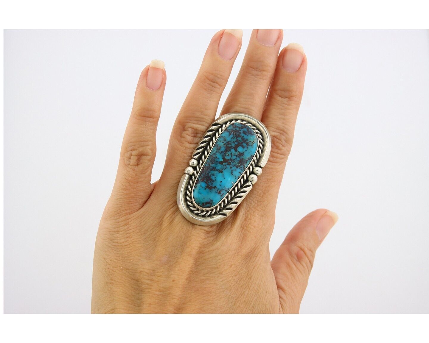 Navajo Ring 925 Sterling Natural Blue Turquoise Signed Ben S C.80's Size 9.0