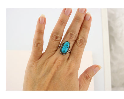 Navajo Ring 925 Sterling Natural Mined Blue Nugget Turquoise C.80's Size 6.0
