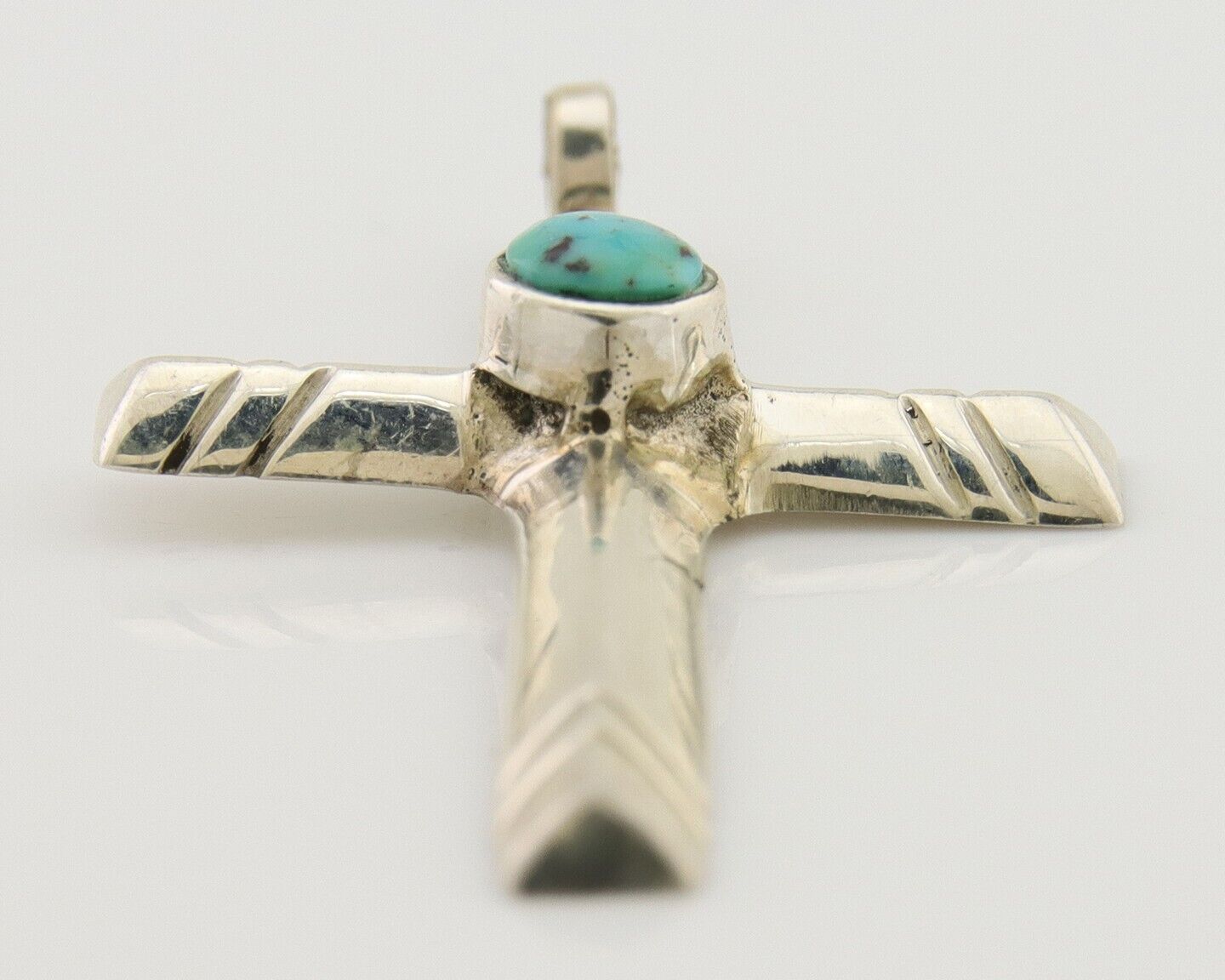 Navajo Sand Cast Cross Pendant 925 Silver Turquoise Artist Signed J Yazzie C.80s