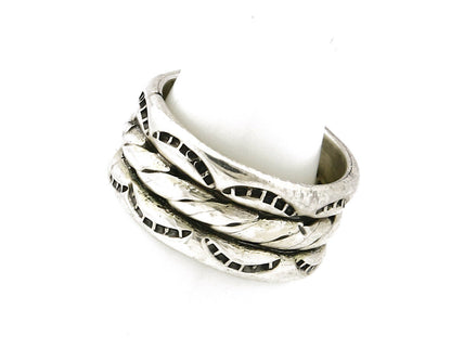 Navajo Ring .925 Silver Handmade Hand Stamped 3 Row Rope Band C.1980's Size 5.0