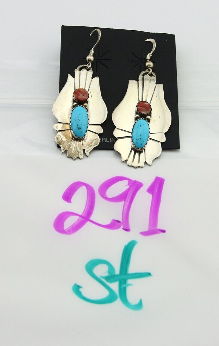 Navajo Earrings 925 Silver Turquoise & Spiney Oyster Native American Artist C80s
