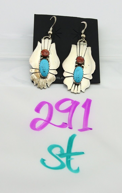 Navajo Earrings 925 Silver Turquoise & Spiney Oyster Native American Artist C80s