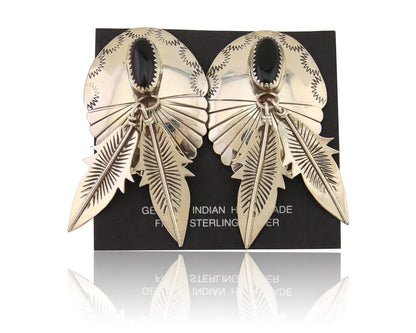 Navajo Handmade Earrings 925 Silver Onyx Native American Artist C.80's