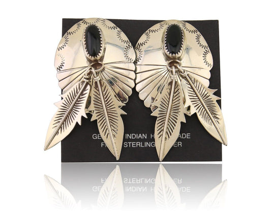 Navajo Handmade Earrings 925 Silver Onyx Native American Artist C.80's