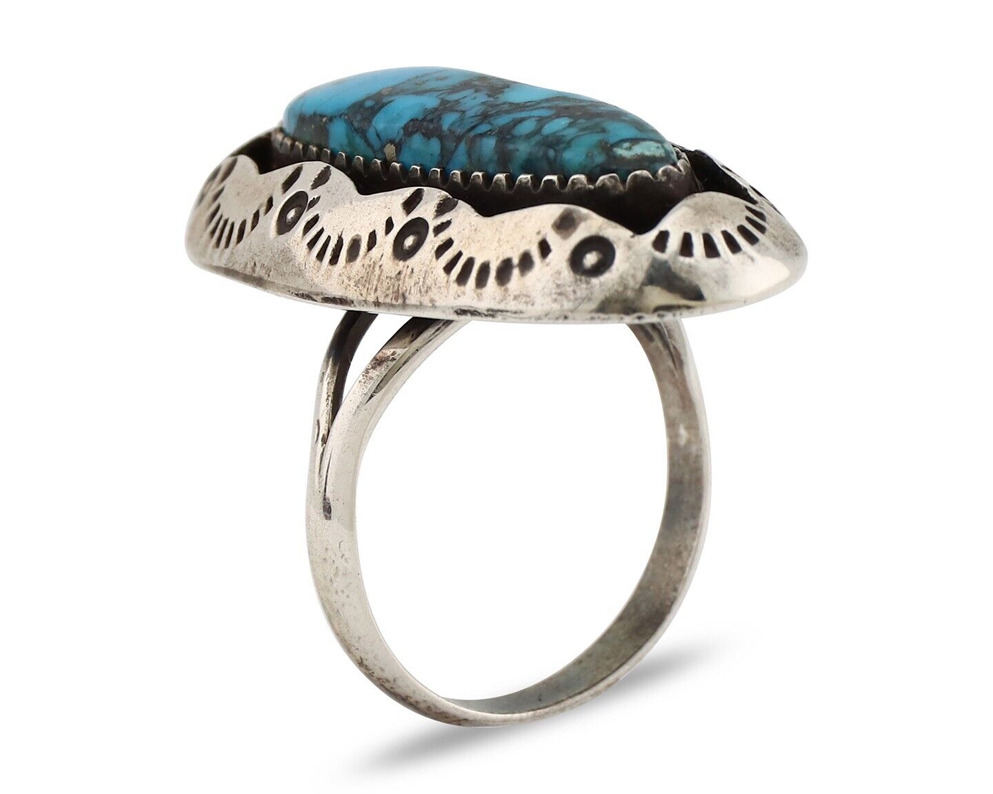 Navajo Ring 925 Silver Blue Spiderweb Turquoise Native American Artist C.80's