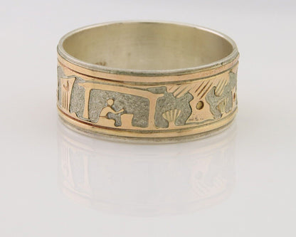 Men Navajo Handmade Ring 925 Silver & Gold Signed C8 C.80's