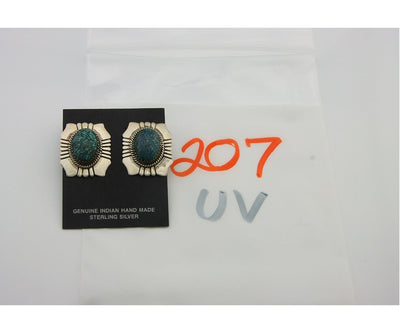 Navajo Earrings 925 Silver Natural Turquoise Artist Signed Running Bear C80s