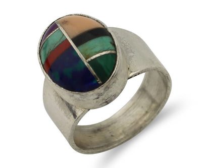 Zuni Inlaid Ring 925 Silver Mixed Natural Gemstones Native American Artist C.80s