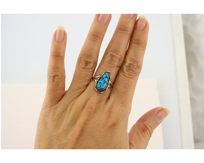 Navajo Ring 925 Sterling Natural Mined Blue Nugget Turquoise C.80's Size 5.75