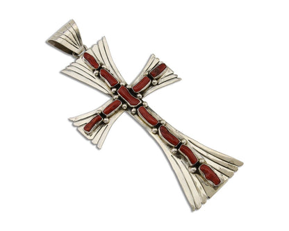Large Navajo Cross Pendant 925 Silver Mediterranean Coral Artist Signed JB C.80s
