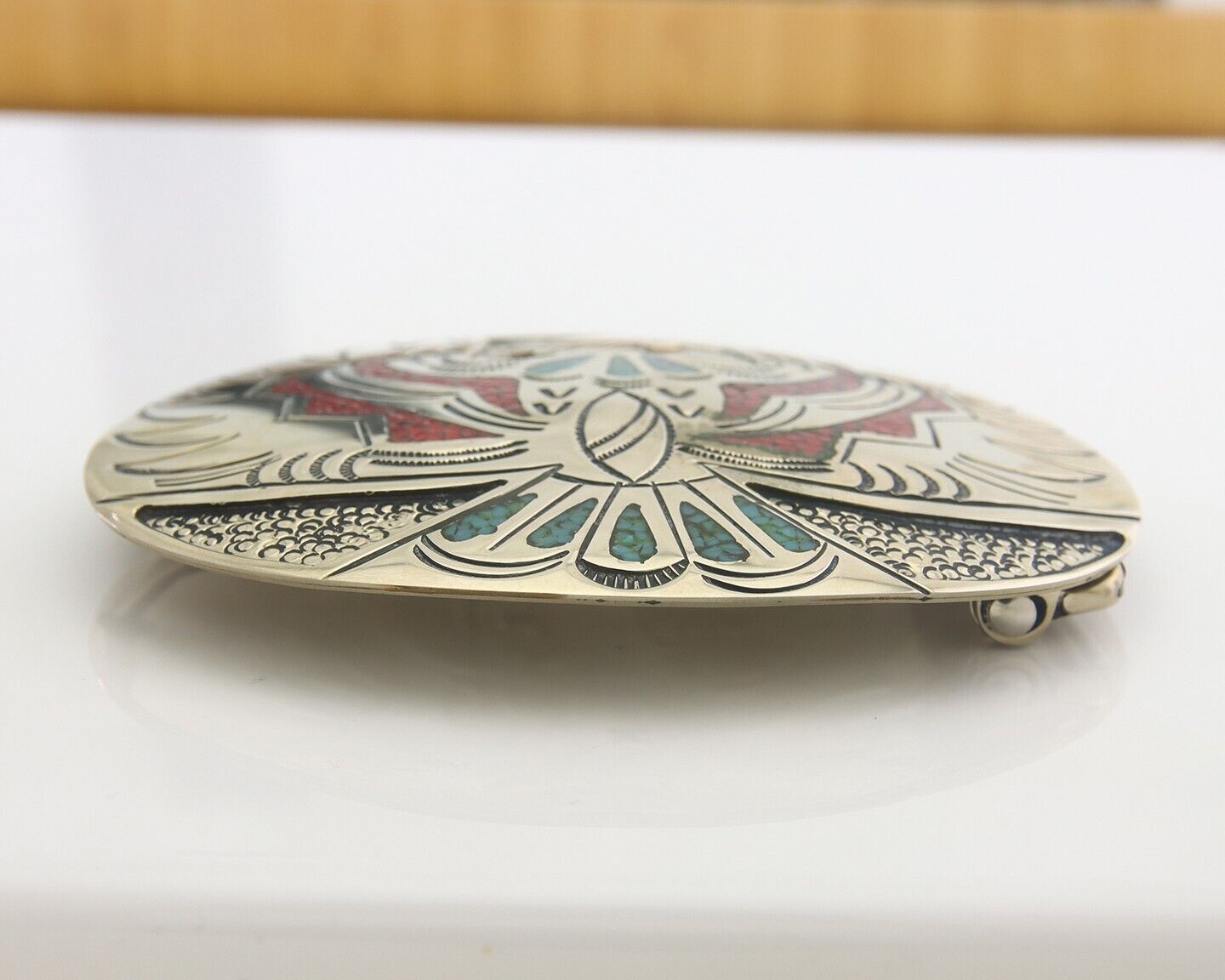 Navajo Belt Buckle .999 Nickel Buffalo Gemstone Signed Chee Keams 3x3.5 in C.80s