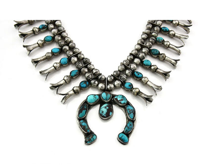 Navajo Squash Necklace Natural Bisbee Turquoise Handmade Vintage C.70's