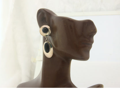 Navajo Earrings Sterling Silver Natural Onyx Dangle Vintage Handmade